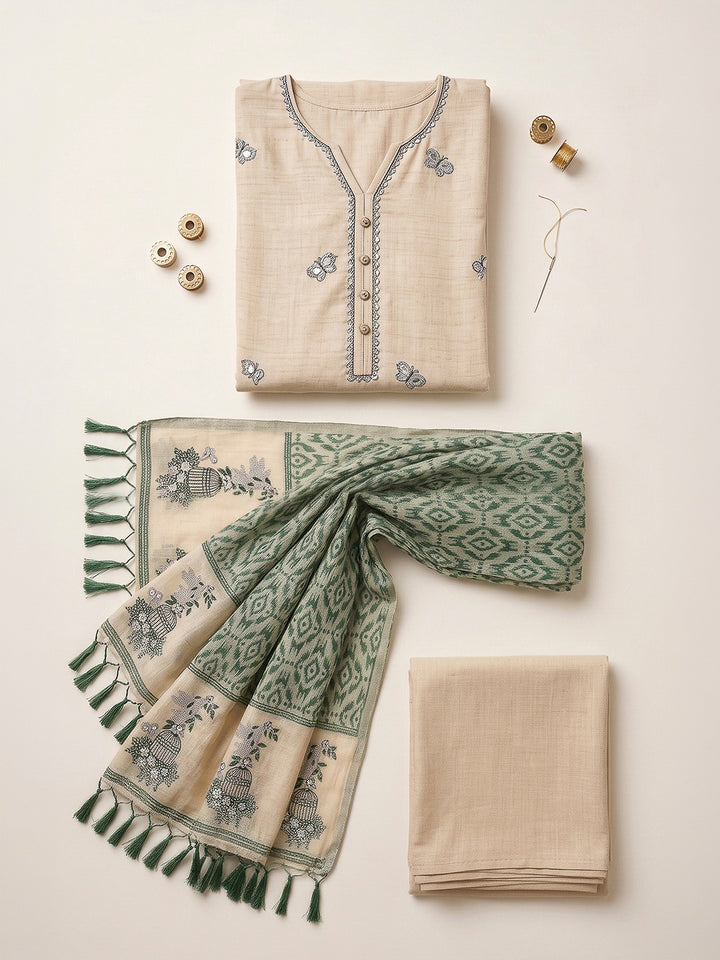 Cream-Bottle-Green Muga Cotton Woven Design Unstitched Dress Material