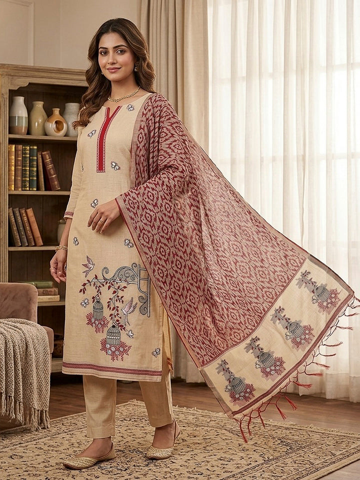 Cream-Maroon Muga Cotton Woven Design Unstitched Dress Material