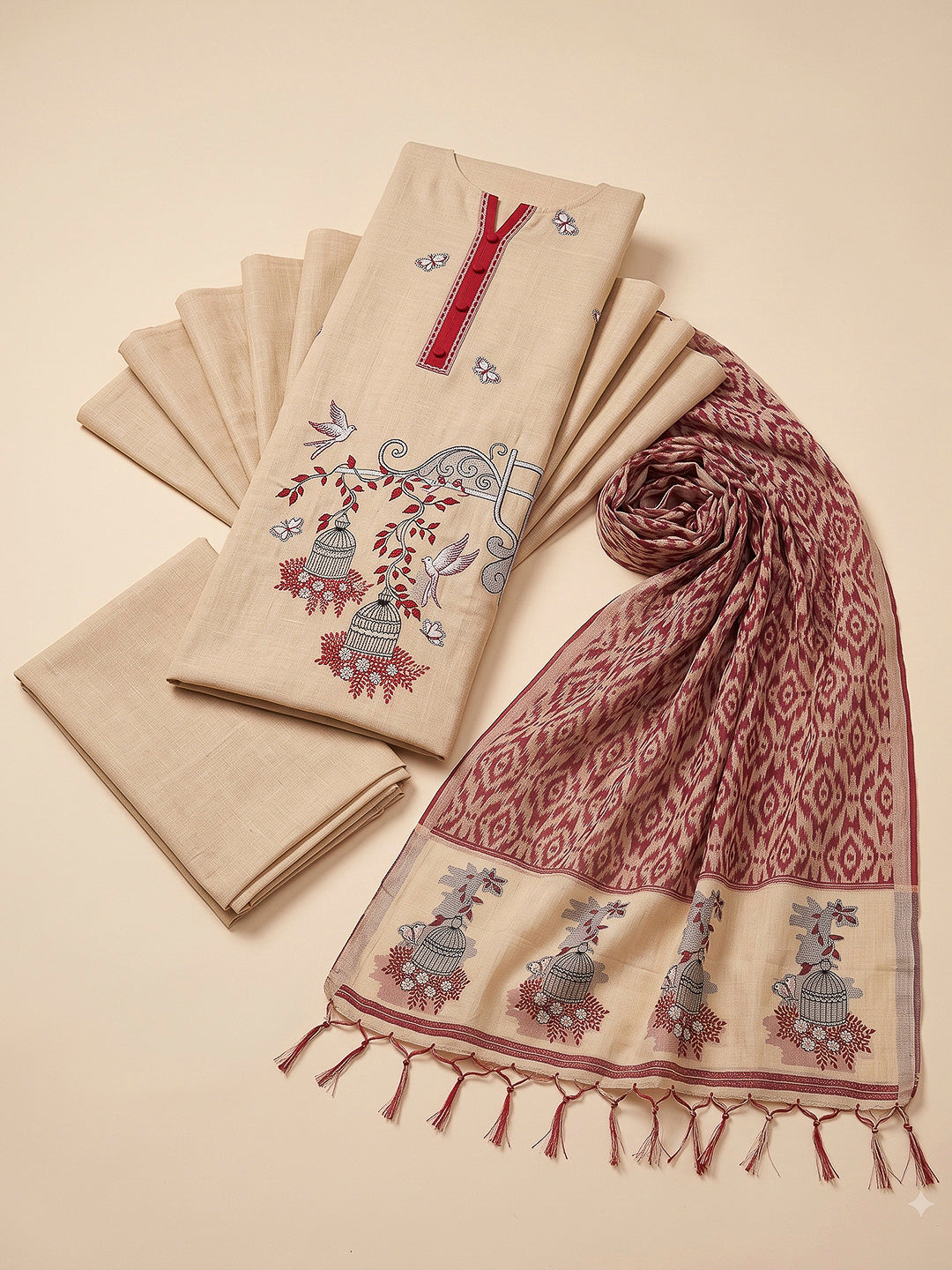 Cream-Maroon Muga Cotton Woven Design Unstitched Dress Material