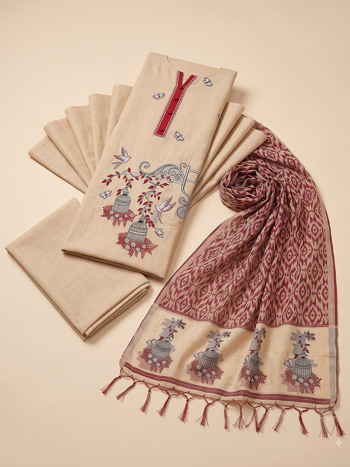 Cream-Maroon Muga Cotton Woven Design Unstitched Dress Material