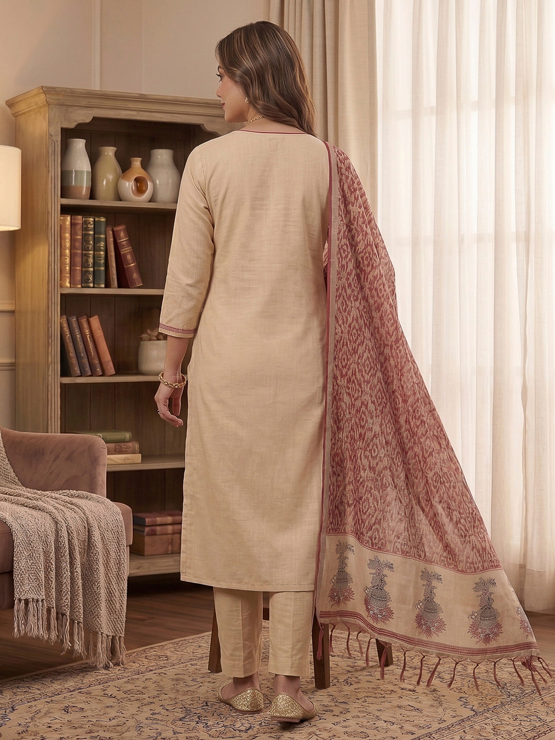 Cream-Maroon Muga Cotton Woven Design Unstitched Dress Material