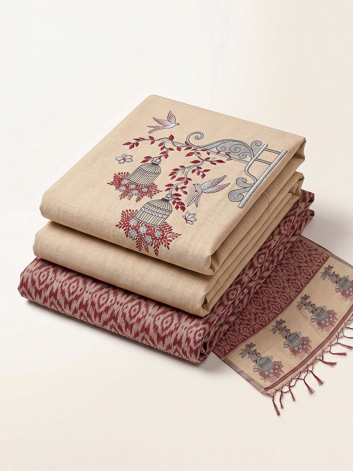 Cream-Maroon Muga Cotton Woven Design Unstitched Dress Material