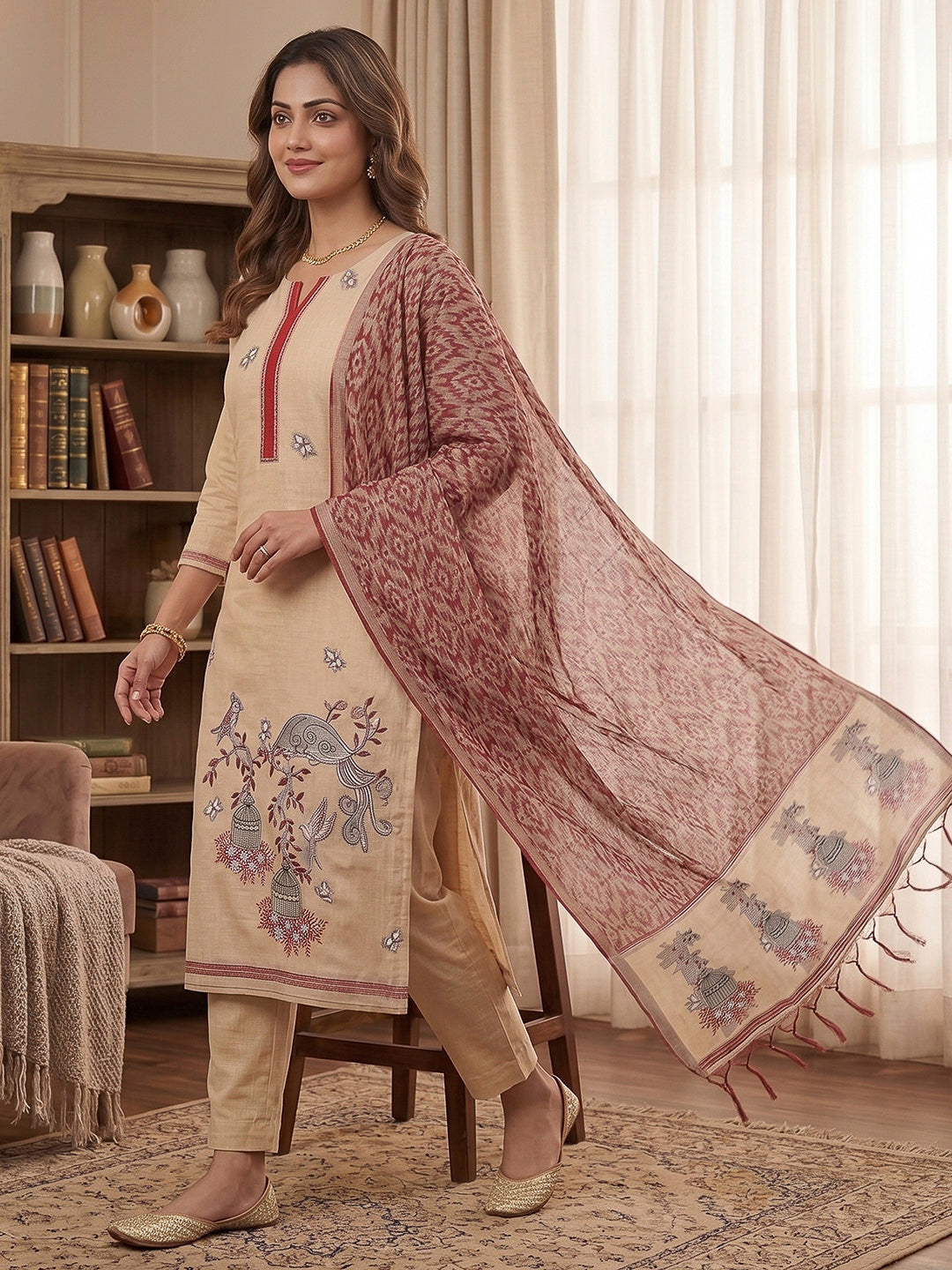 Cream-Maroon Muga Cotton Woven Design Unstitched Dress Material