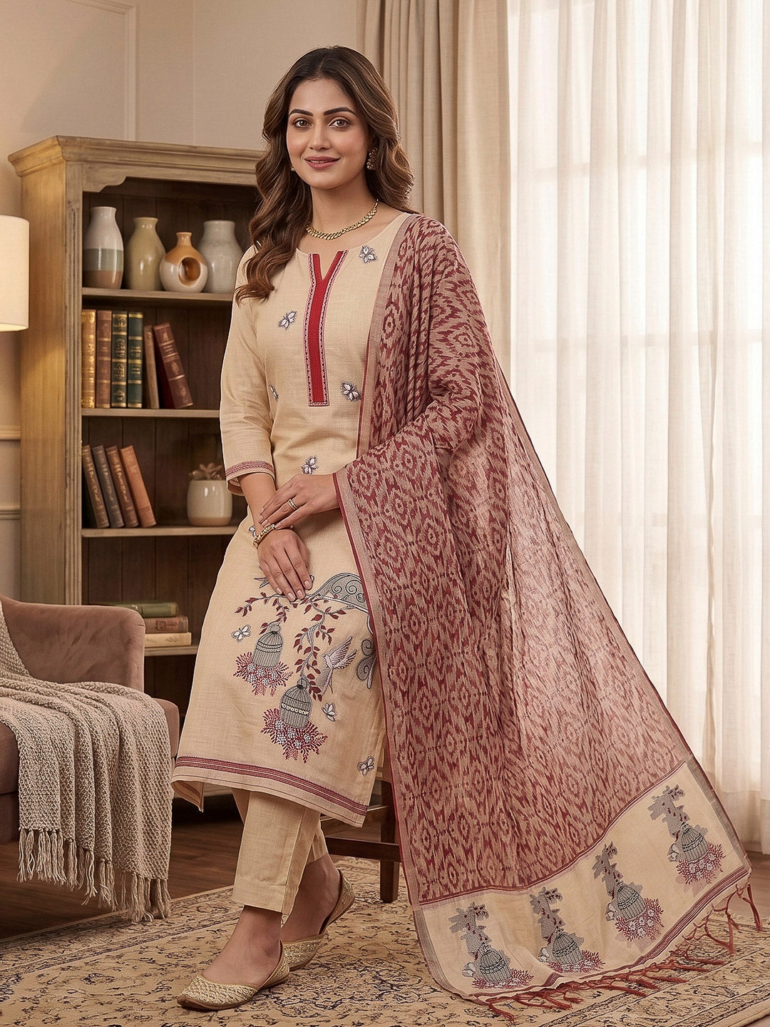 Cream-Maroon Muga Cotton Woven Design Unstitched Dress Material