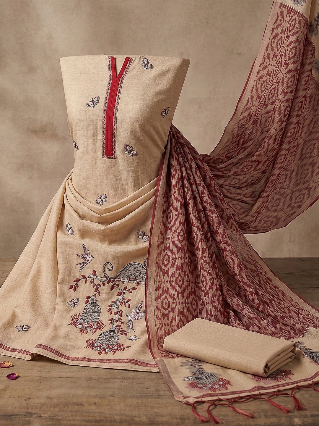 Cream-Maroon Muga Cotton Woven Design Unstitched Dress Material