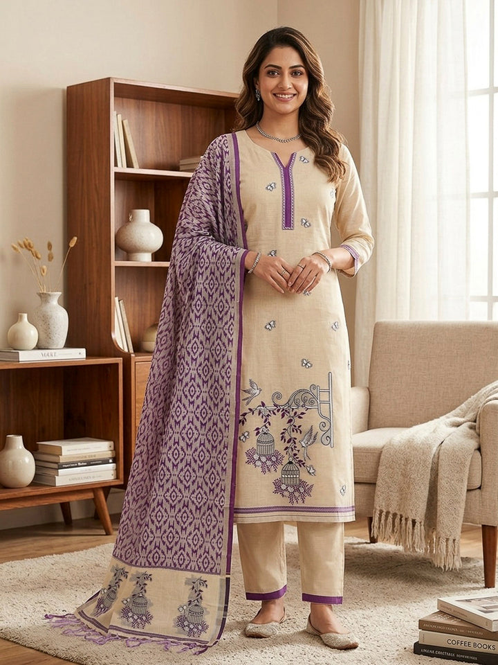 Cream-Purple Muga Cotton Woven Design Unstitched Dress Material