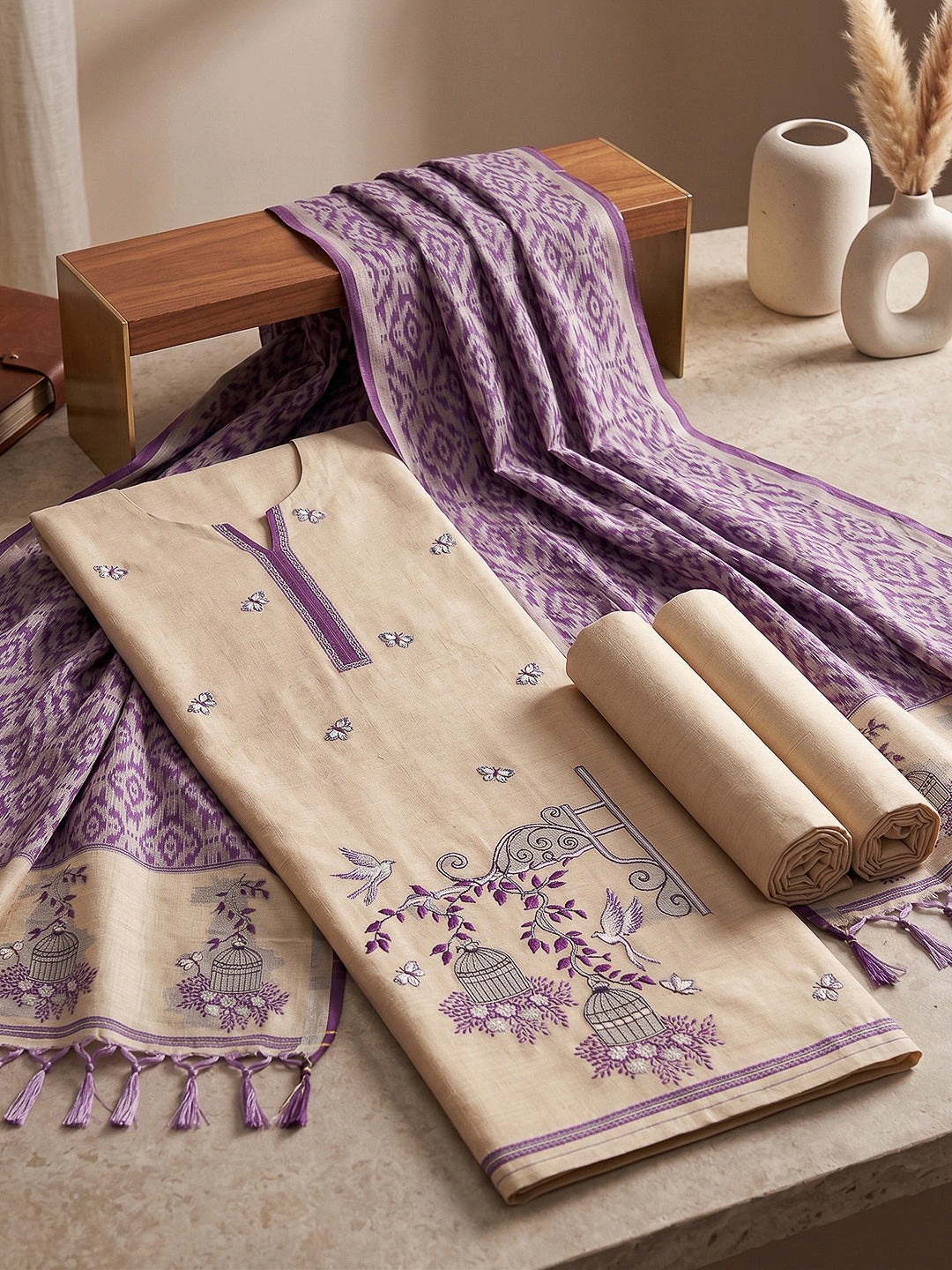 Cream-Purple Muga Cotton Woven Design Unstitched Dress Material