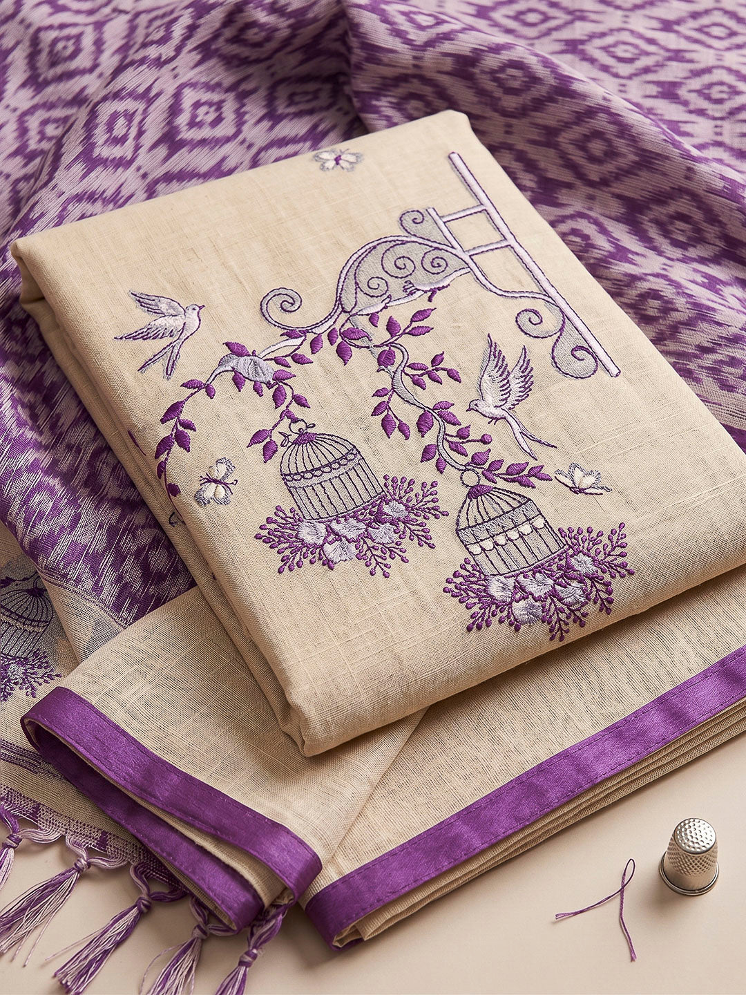 Cream-Purple Muga Cotton Woven Design Unstitched Dress Material