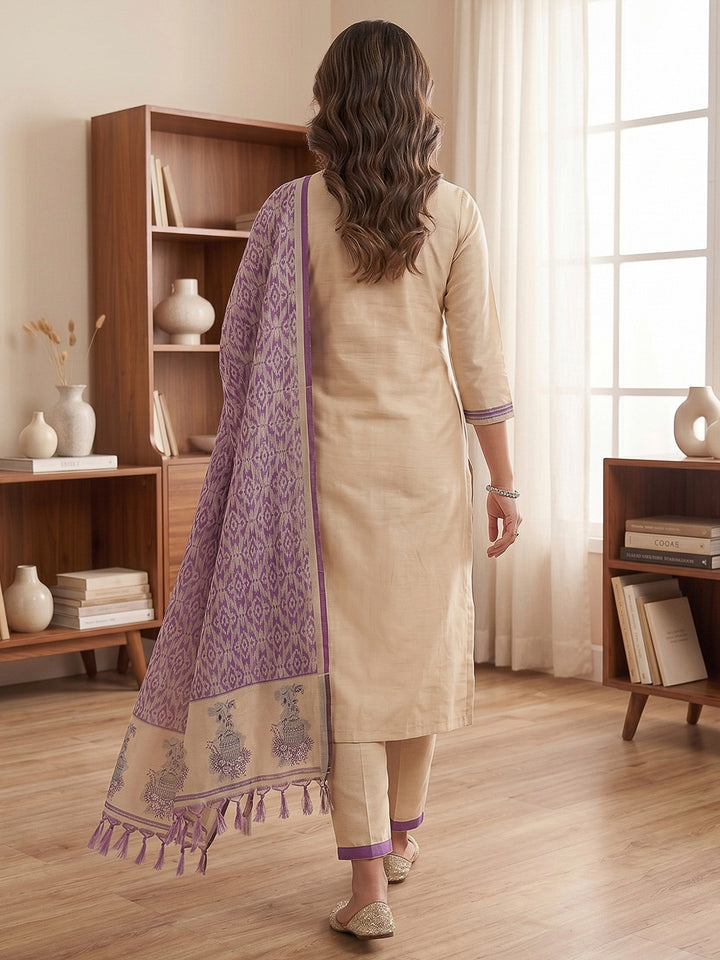 Cream-Purple Muga Cotton Woven Design Unstitched Dress Material