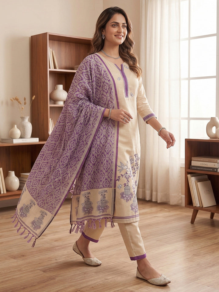 Cream-Purple Muga Cotton Woven Design Unstitched Dress Material
