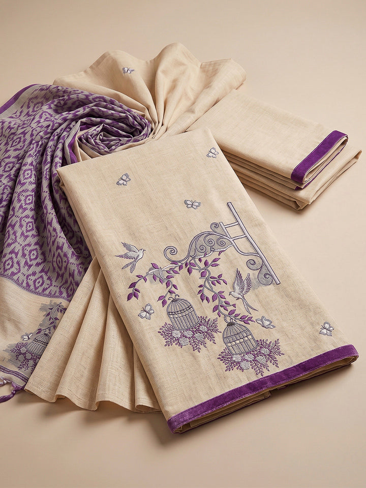 Cream-Purple Muga Cotton Woven Design Unstitched Dress Material