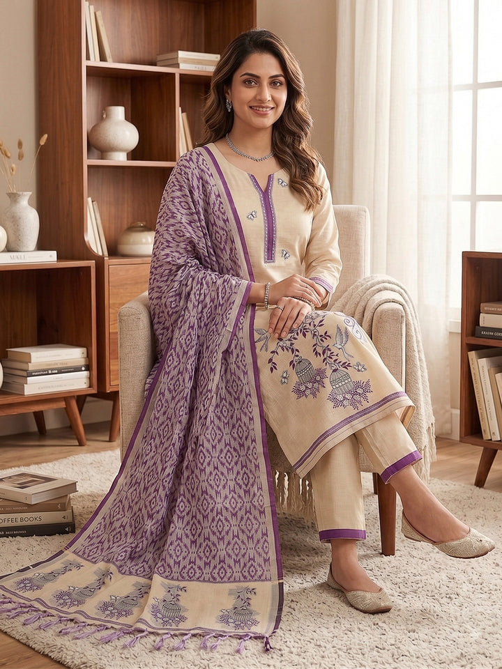 Cream-Purple Muga Cotton Woven Design Unstitched Dress Material