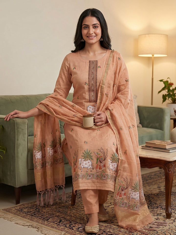 Peach Muga Cotton Woven Design Unstitched Dress Material