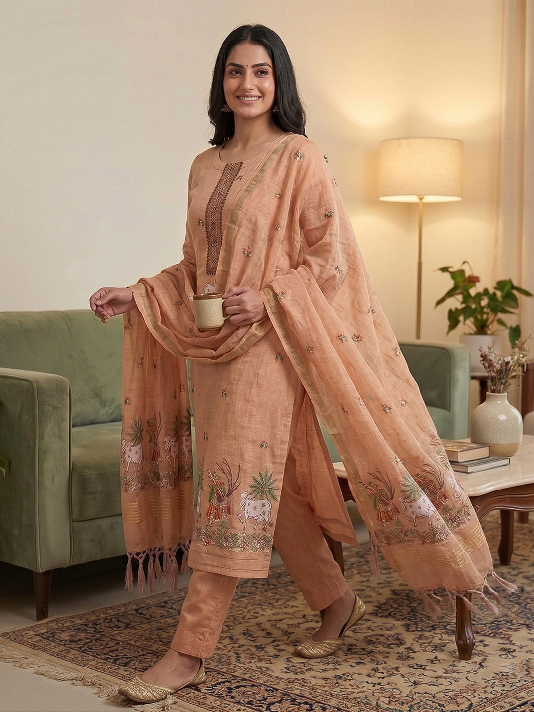 Peach Muga Cotton Woven Design Unstitched Dress Material