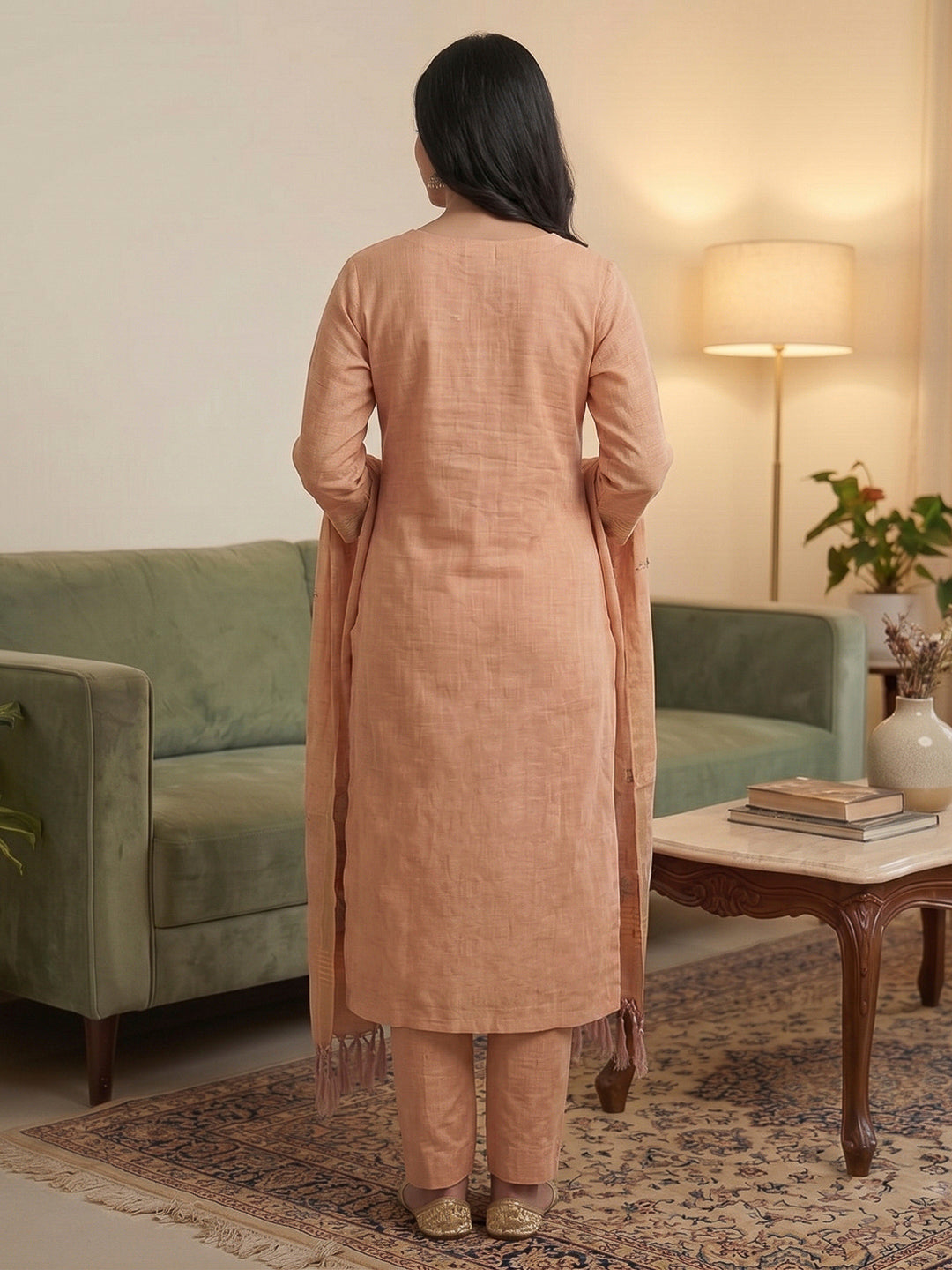 Peach Muga Cotton Woven Design Unstitched Dress Material