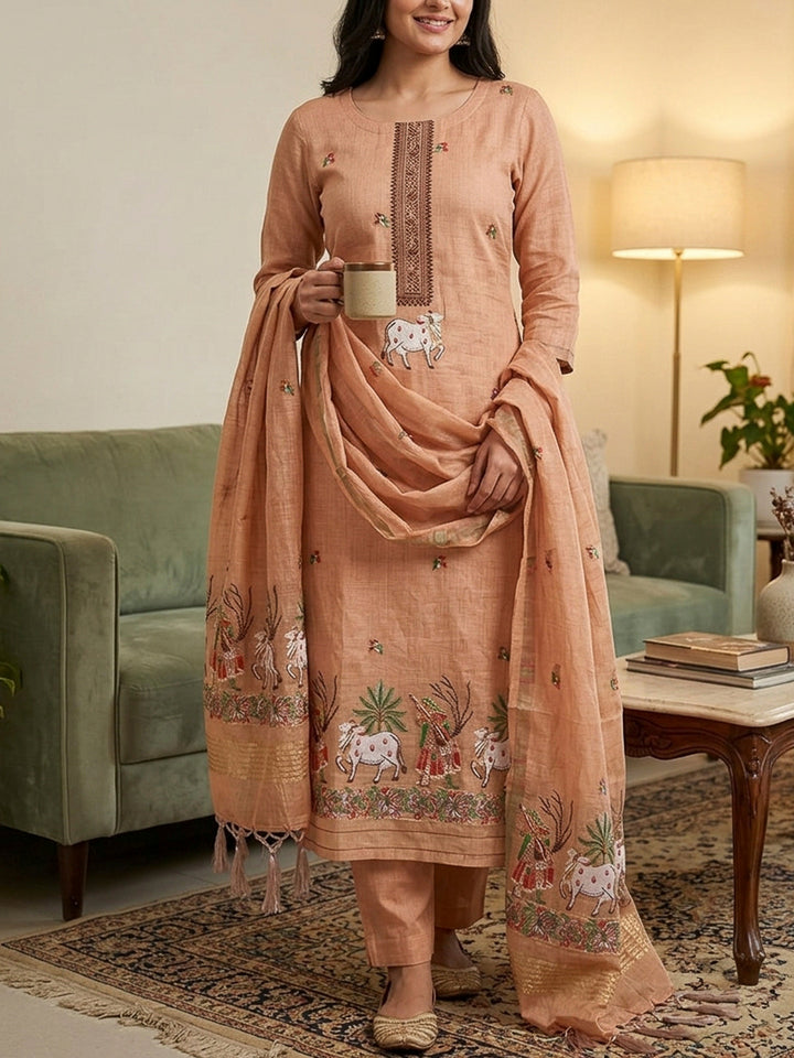 Peach Muga Cotton Woven Design Unstitched Dress Material