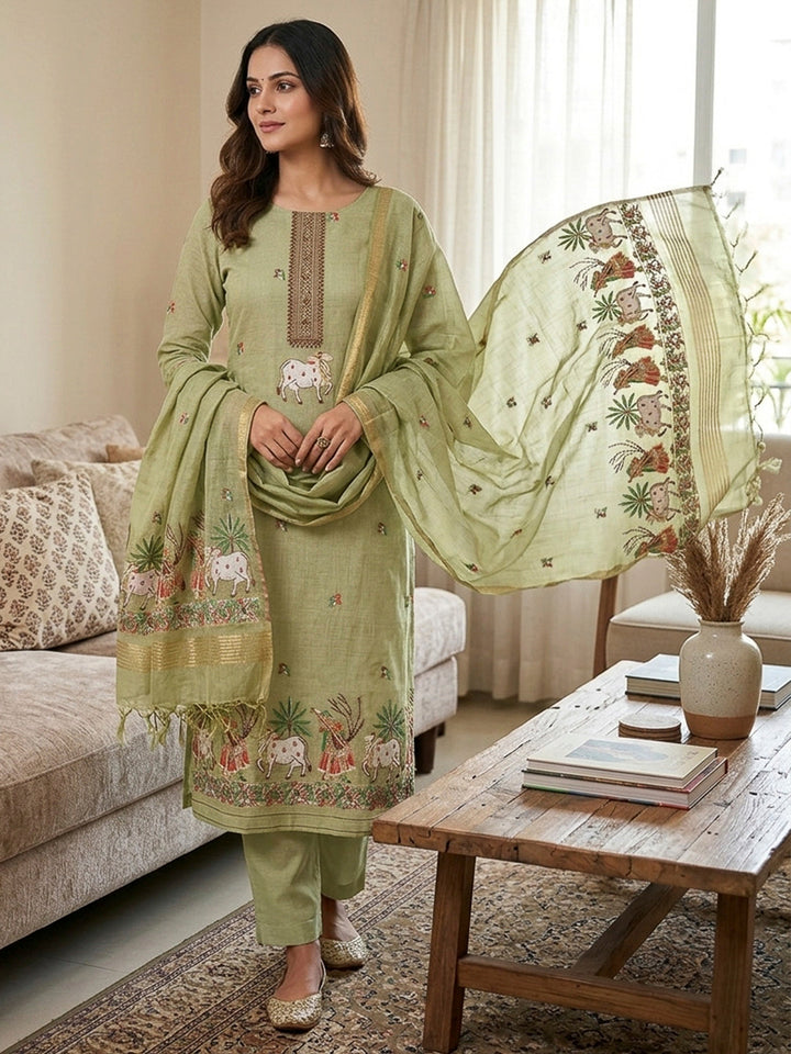 Pista-Green Muga Cotton Woven Design Unstitched Dress Material