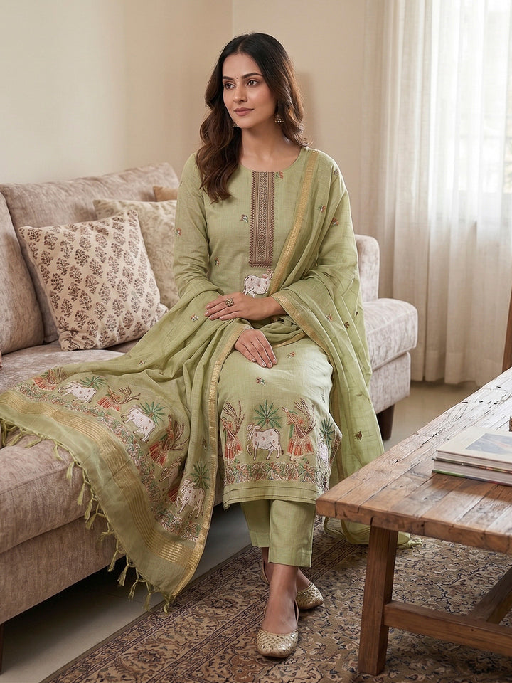 Pista-Green Muga Cotton Woven Design Unstitched Dress Material