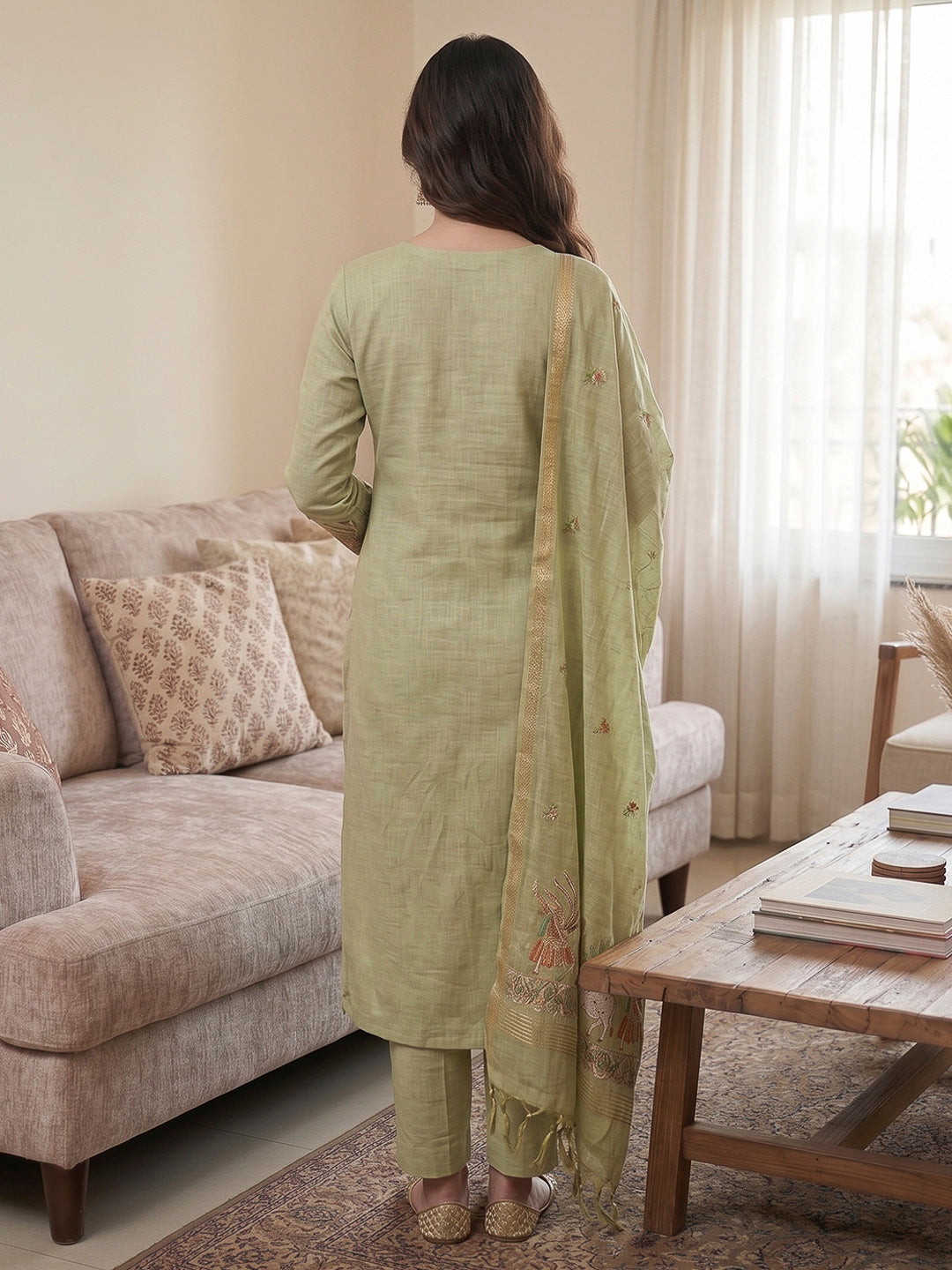 Pista-Green Muga Cotton Woven Design Unstitched Dress Material