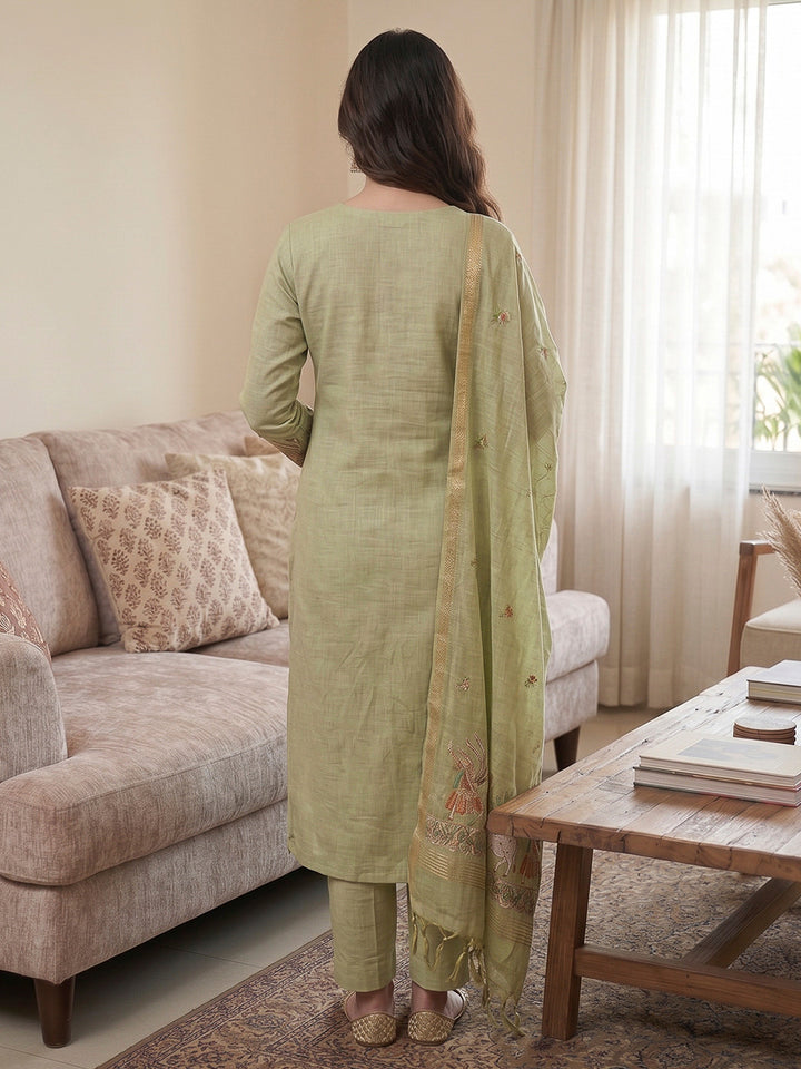 Pista-Green Muga Cotton Woven Design Unstitched Dress Material