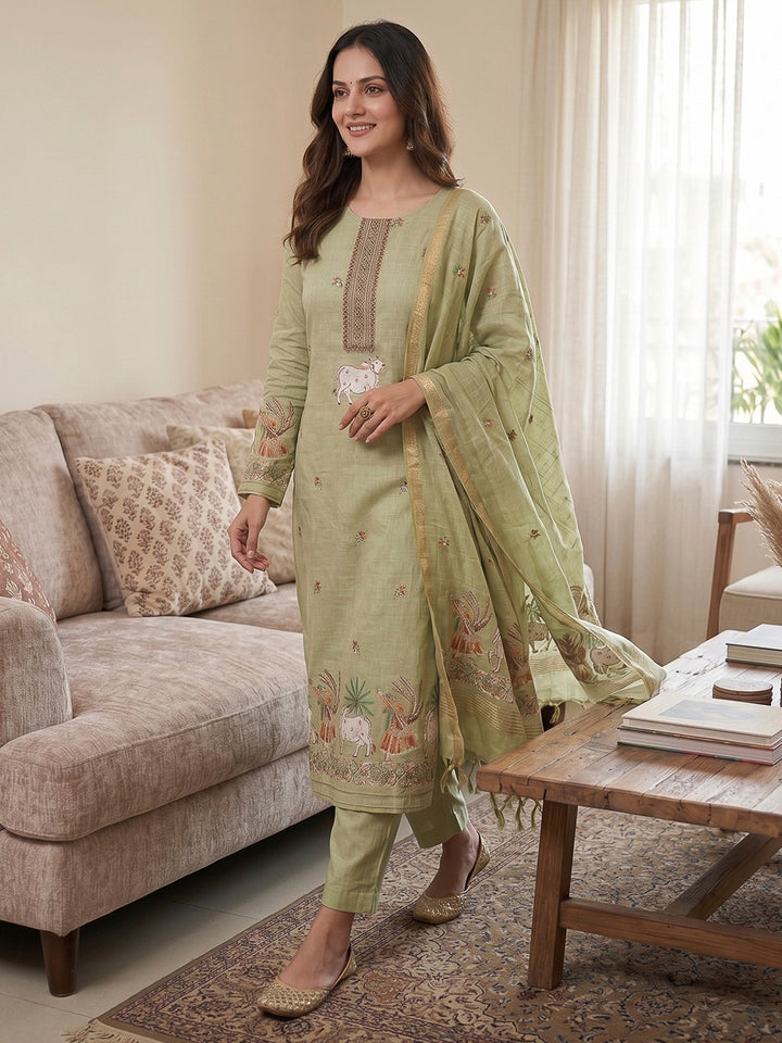 Pista-Green Muga Cotton Woven Design Unstitched Dress Material