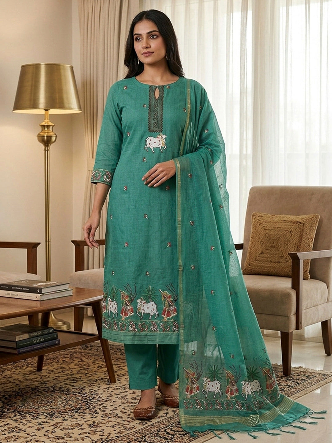 Rama-Green Muga Cotton Woven Design Unstitched Dress Material