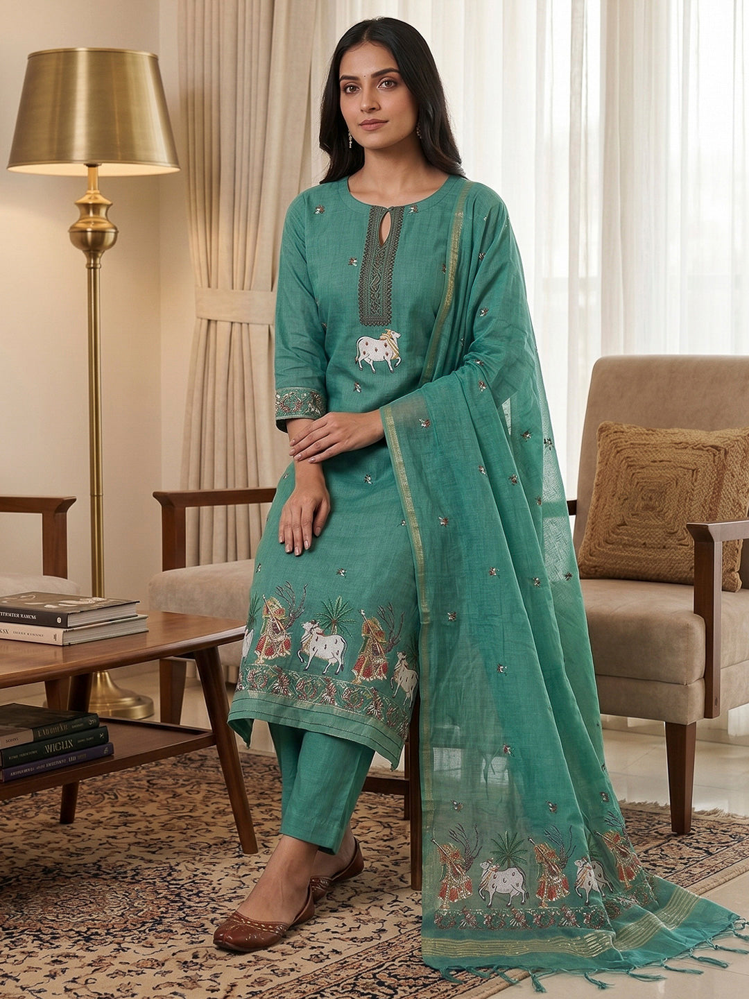 Rama-Green Muga Cotton Woven Design Unstitched Dress Material