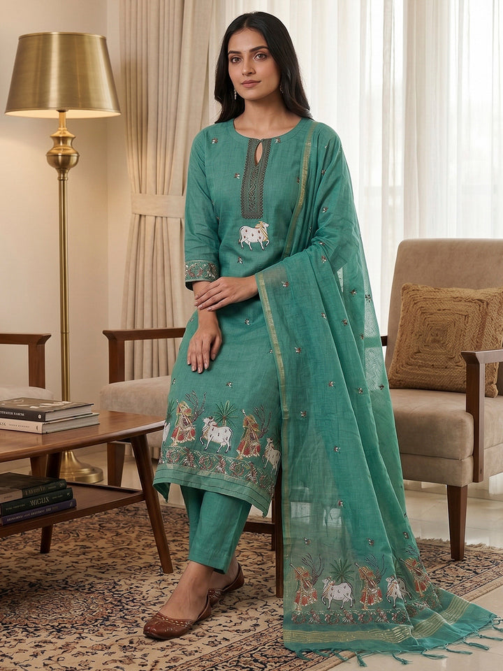 Rama-Green Muga Cotton Woven Design Unstitched Dress Material