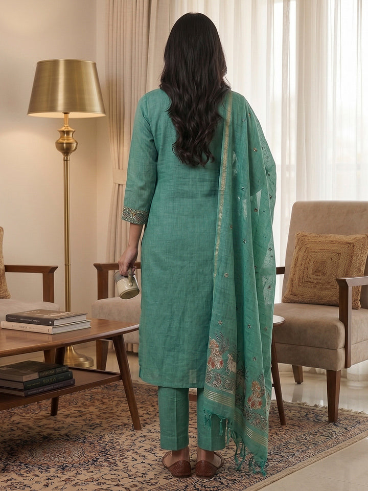 Rama-Green Muga Cotton Woven Design Unstitched Dress Material