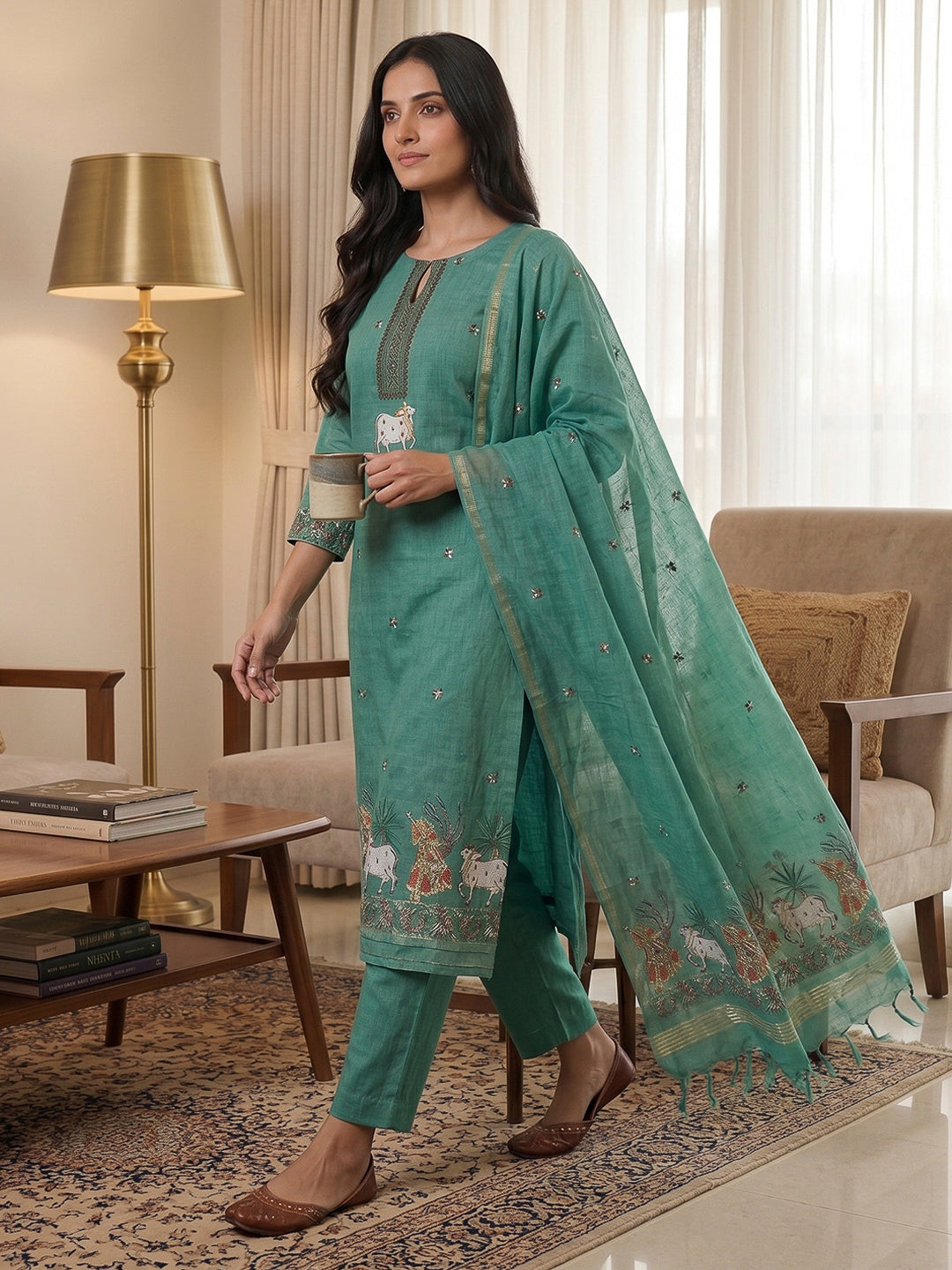 Rama-Green Muga Cotton Woven Design Unstitched Dress Material