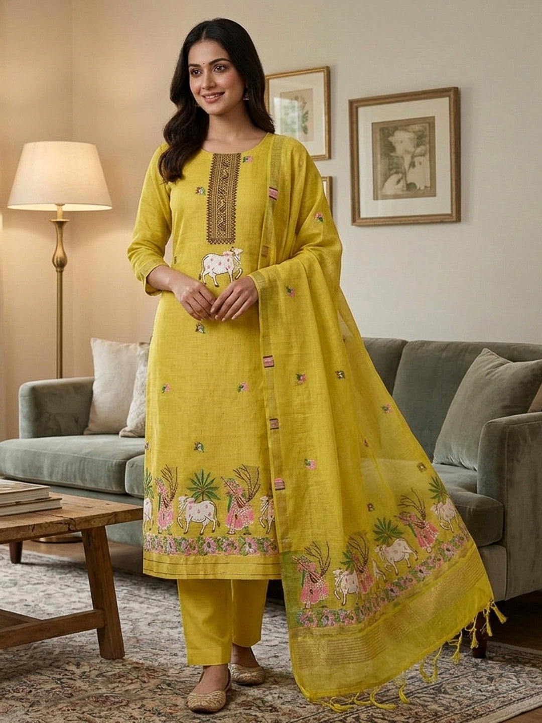 Yellow Muga Cotton Woven Design Unstitched Dress Material