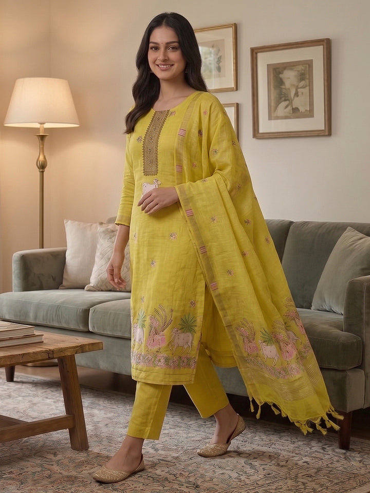 Yellow Muga Cotton Woven Design Unstitched Dress Material