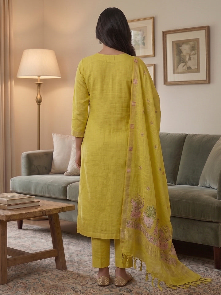 Yellow Muga Cotton Woven Design Unstitched Dress Material