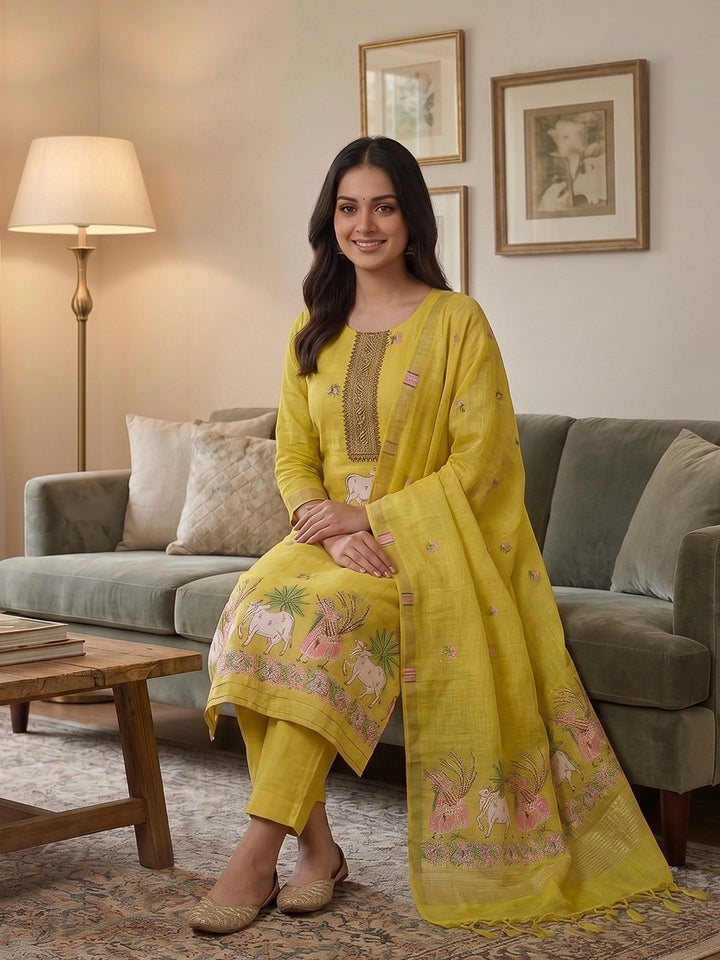Yellow Muga Cotton Woven Design Unstitched Dress Material