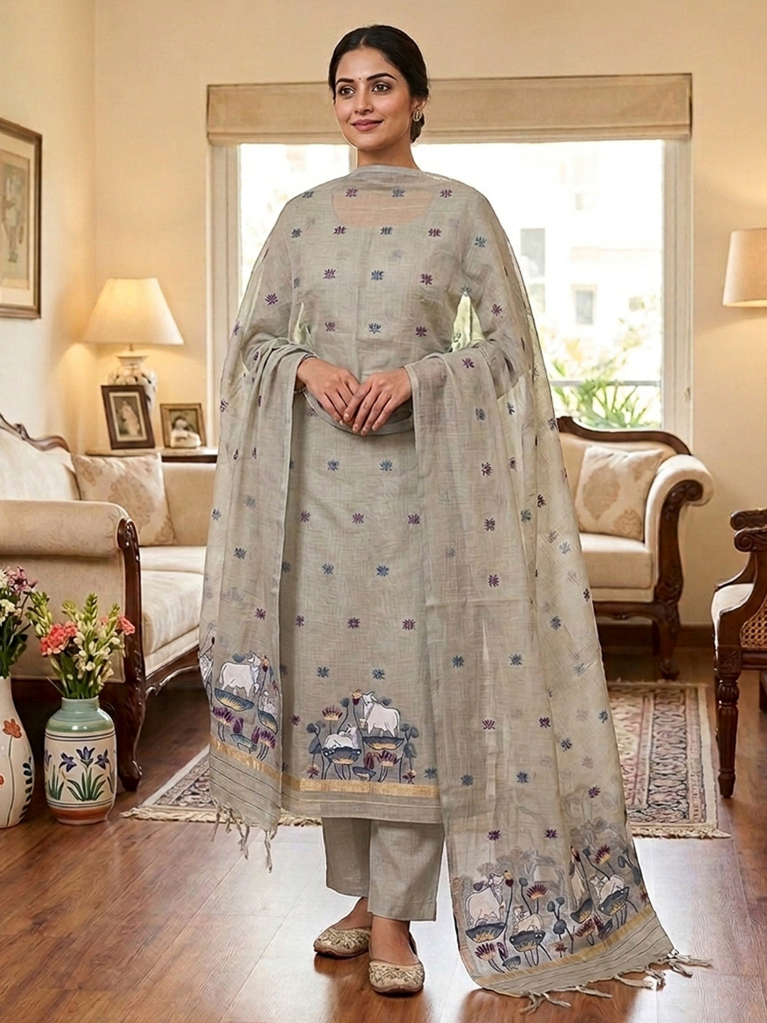 Grey Muga Cotton Woven Design Unstitched Dress Material