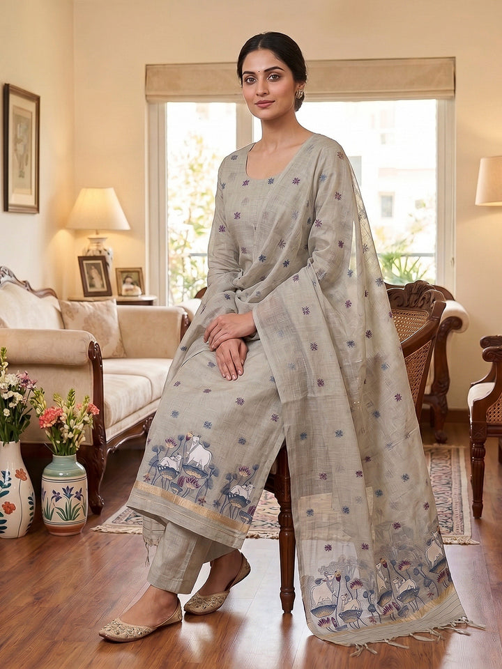 Grey Muga Cotton Woven Design Unstitched Dress Material