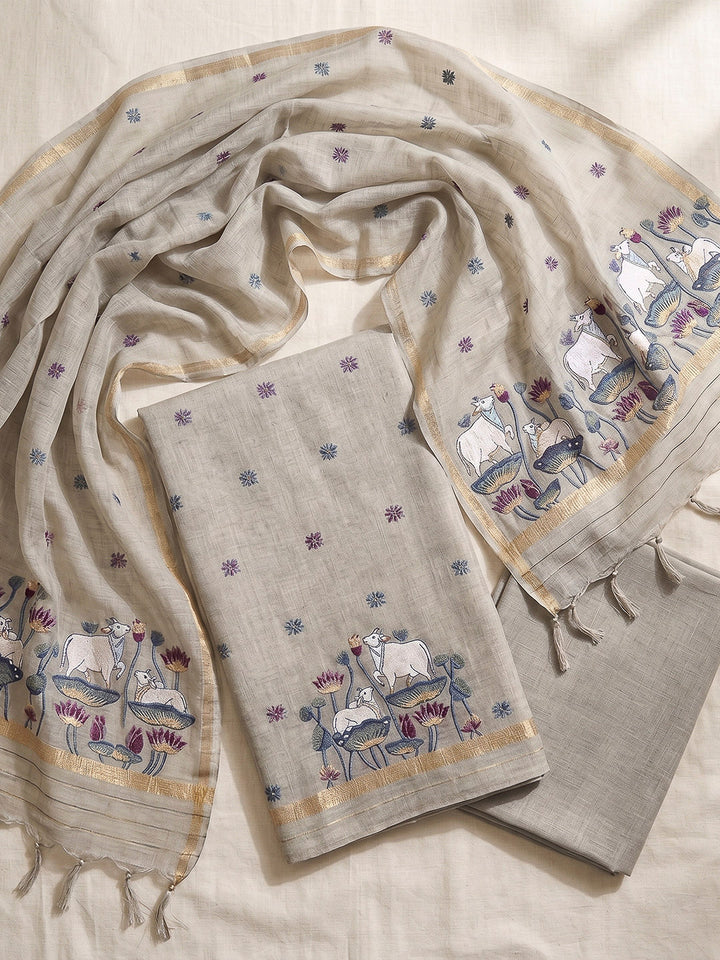 Grey Muga Cotton Woven Design Unstitched Dress Material