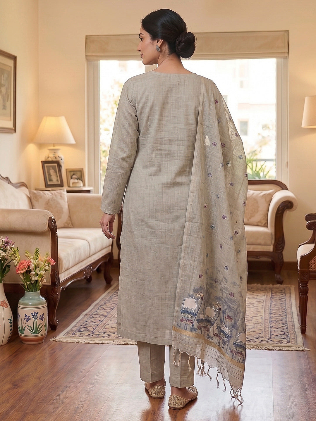 Grey Muga Cotton Woven Design Unstitched Dress Material