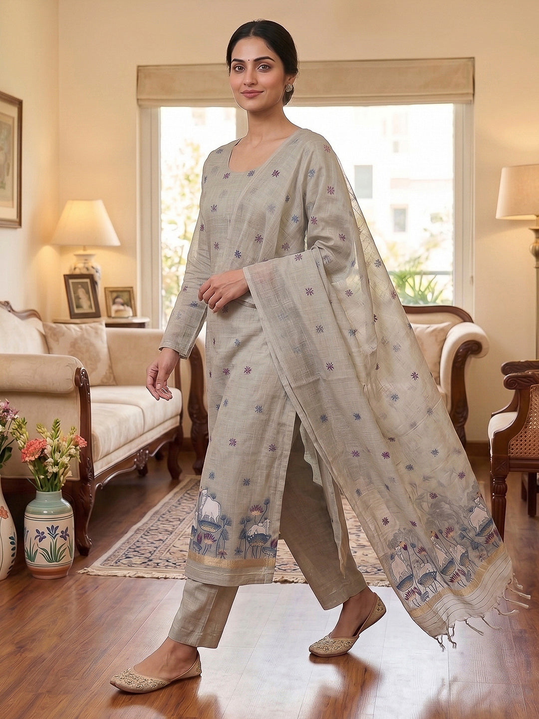 Grey Muga Cotton Woven Design Unstitched Dress Material