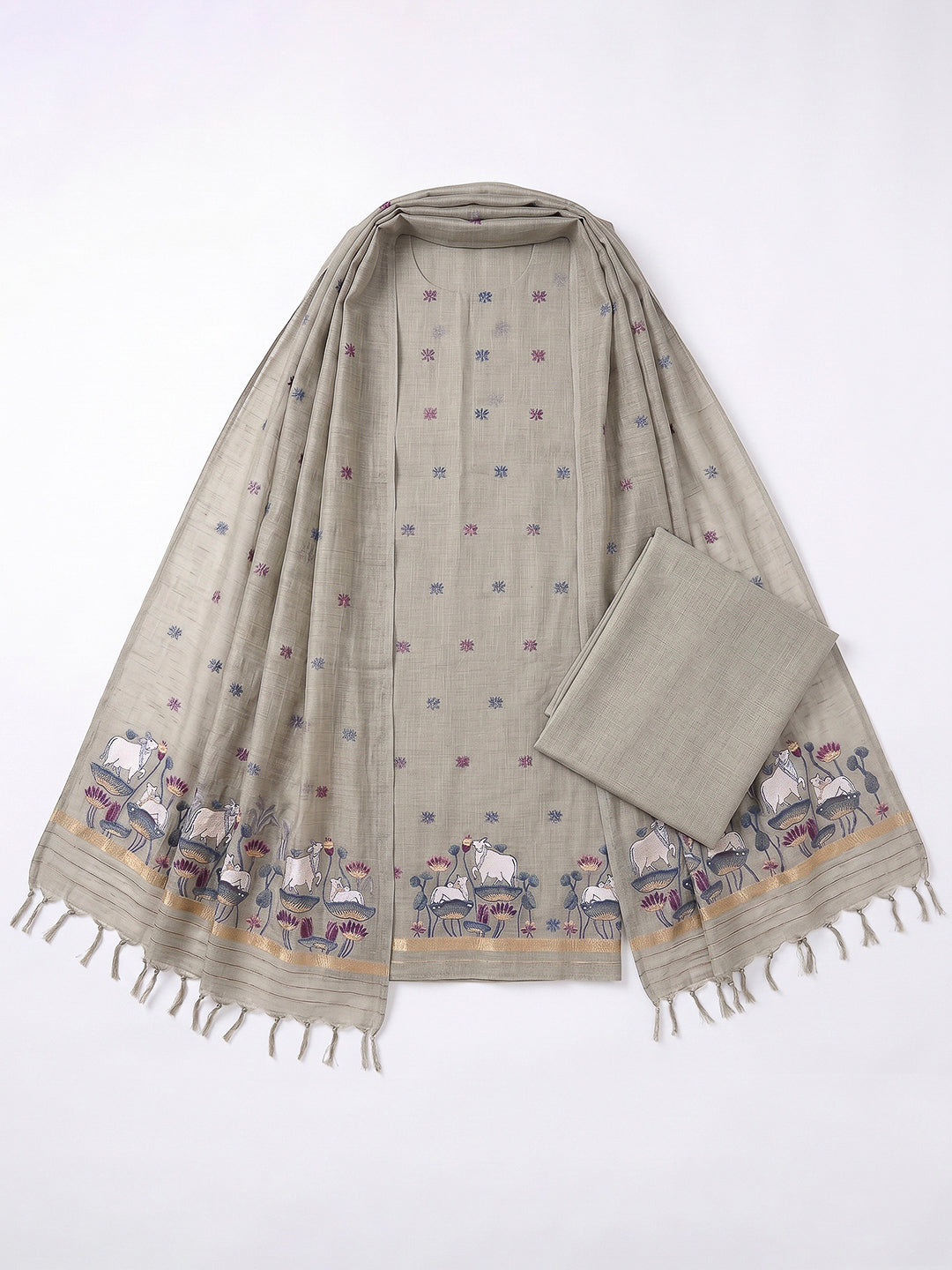 Grey Muga Cotton Woven Design Unstitched Dress Material