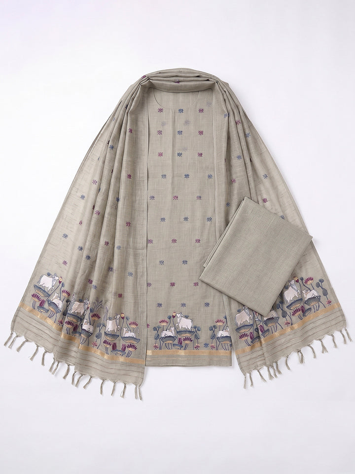 Grey Muga Cotton Woven Design Unstitched Dress Material
