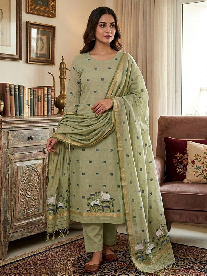 Pista-Green Muga Cotton Woven Design Unstitched Dress Material