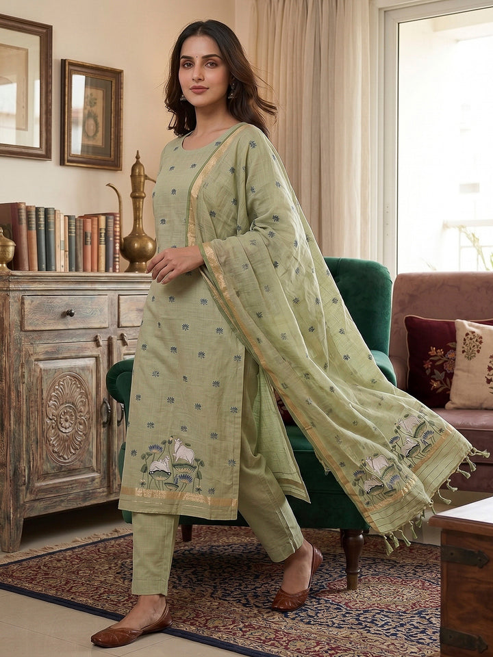 Pista-Green Muga Cotton Woven Design Unstitched Dress Material