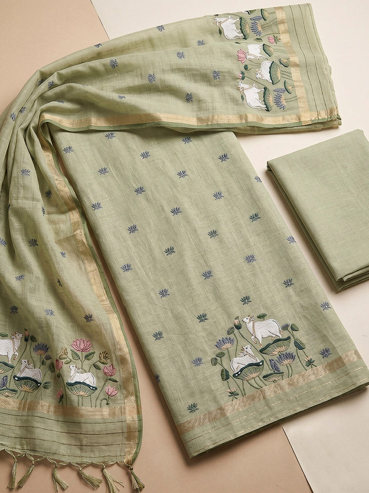 Pista-Green Muga Cotton Woven Design Unstitched Dress Material