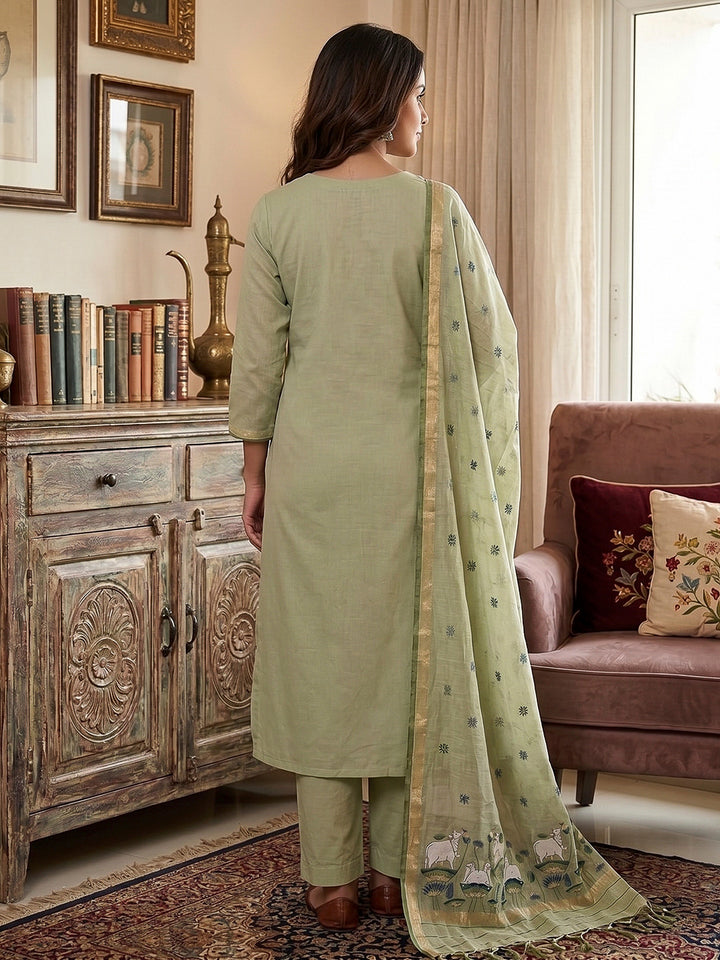 Pista-Green Muga Cotton Woven Design Unstitched Dress Material