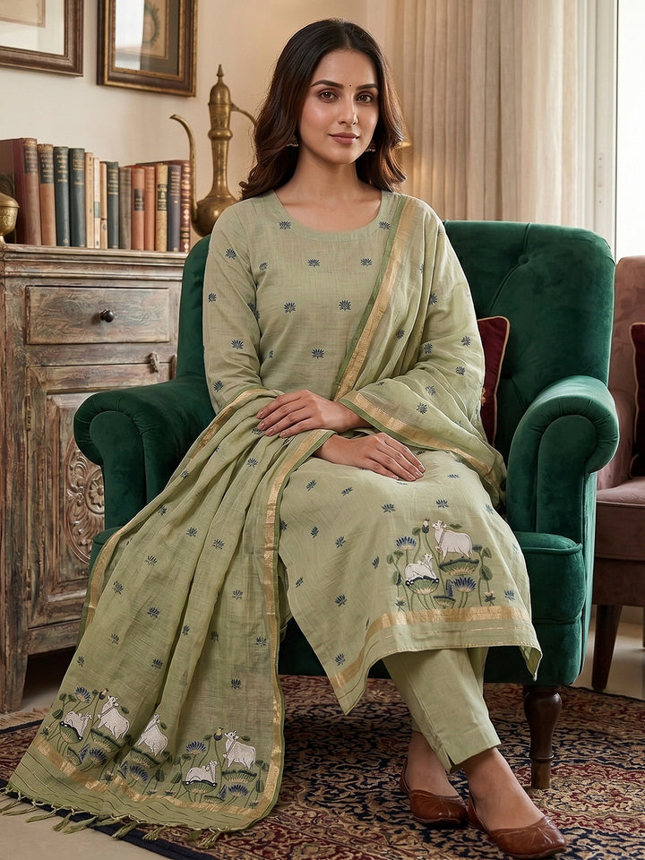 Pista-Green Muga Cotton Woven Design Unstitched Dress Material