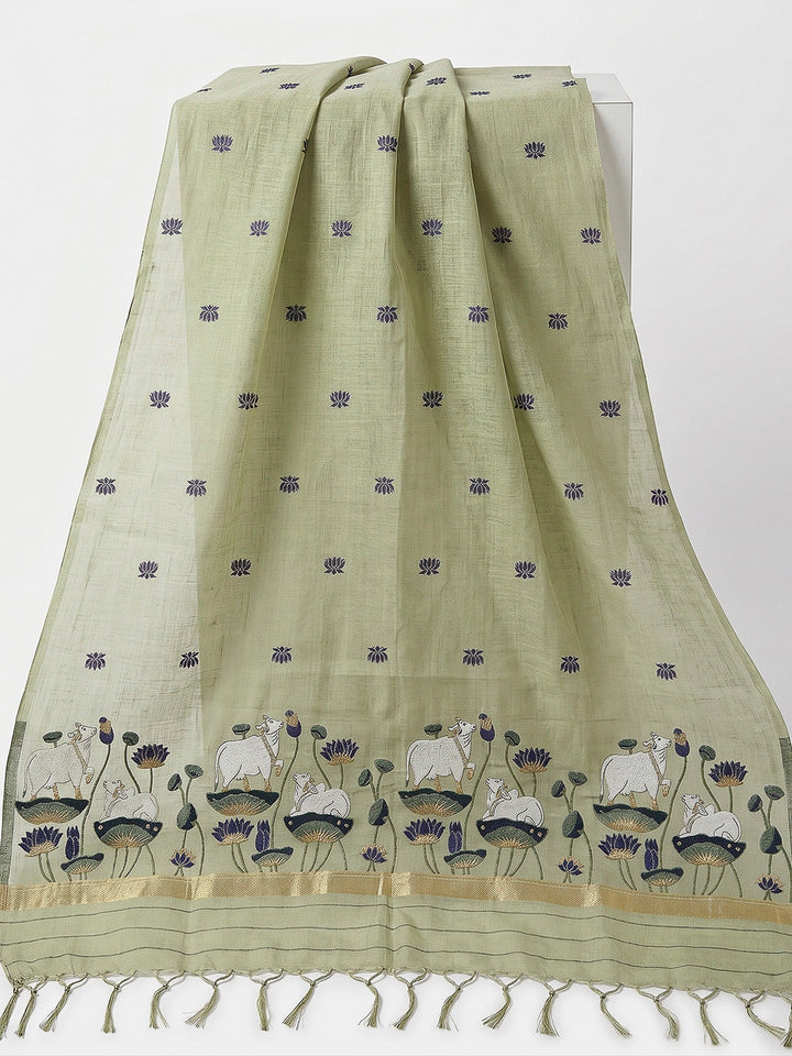 Pista-Green Muga Cotton Woven Design Unstitched Dress Material