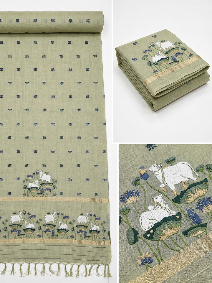 Pista-Green Muga Cotton Woven Design Unstitched Dress Material