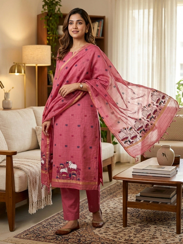 Pink Muga Cotton Woven Design Unstitched Dress Material