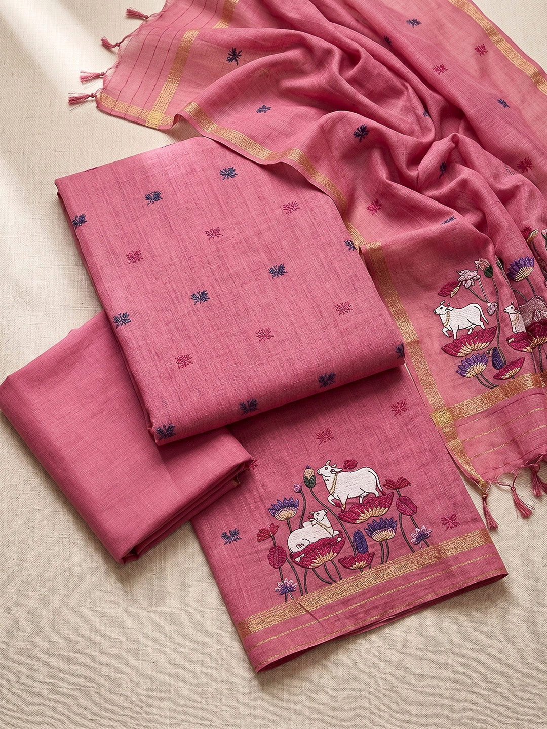 Pink Muga Cotton Woven Design Unstitched Dress Material
